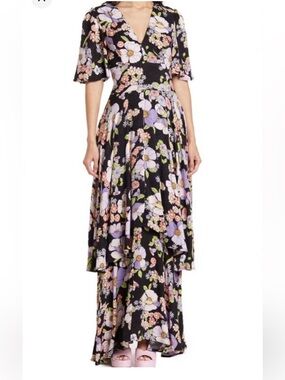 AFRM Black Floral High-Low Maxi Dress with Lavender & Pink Blooms NEW WITH TAGS💖